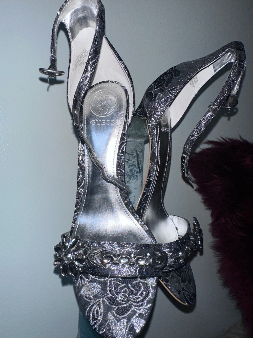 GUESS Metallic Silver Floral Crystal Slingback Heels